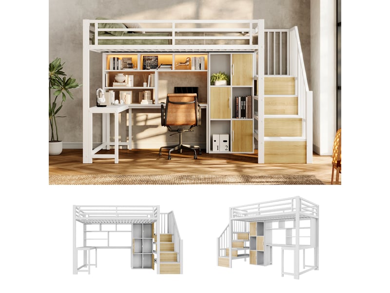  Lit mezzanine 90 x 200 cm - avec échelle de rangement - avec compartiments de rangement - avec bande lumineuse led - blanc (matelas non inclus)  - Conforama E