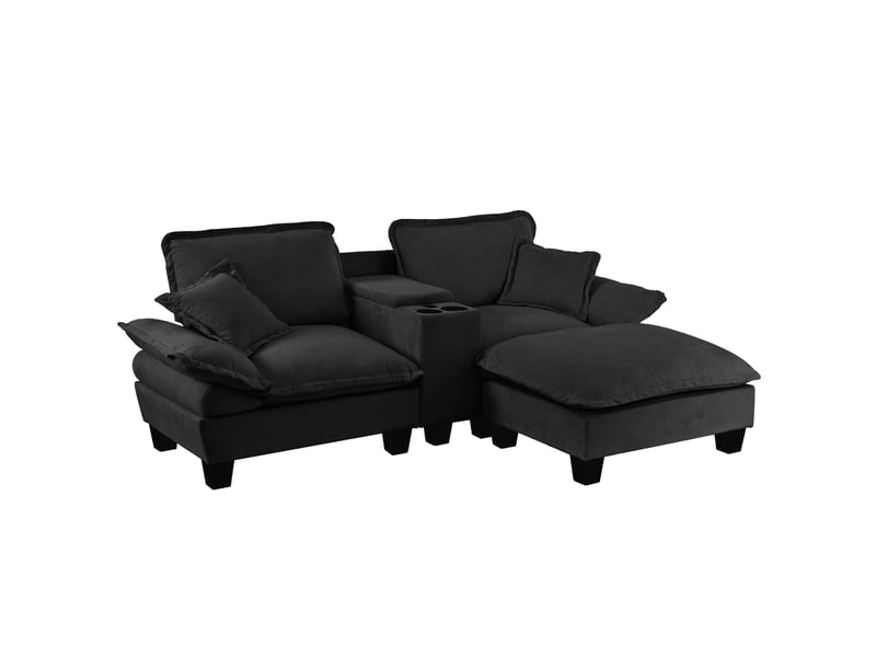 Canapé d'angle modulable 3 places noir en chenille avec ottomane, rangements et usb - Conforama A