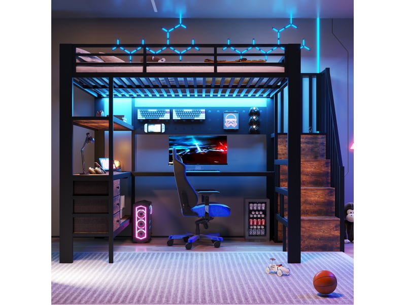  Lit mezzanine 140x200 cm avec bureau, rangements et led noir  - Conforama E