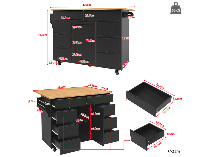  Desserte de cuisine 122 x 74,5 x 91,5 cm noire en mdf, plateau rabattable, 8 tiroirs, mobile  - Conforama C
