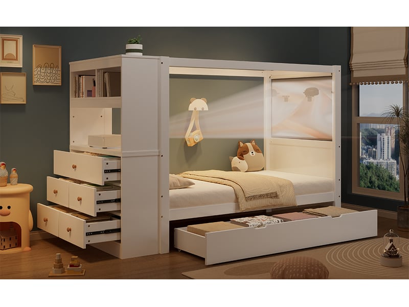  Lit enfant à baldaquin avec meuble de rangement - 90x200cm - 5 tiroirs latéraux, niche bureau et tiroir sous le lit - avec sommier à lattes - blanc  - Conforama B