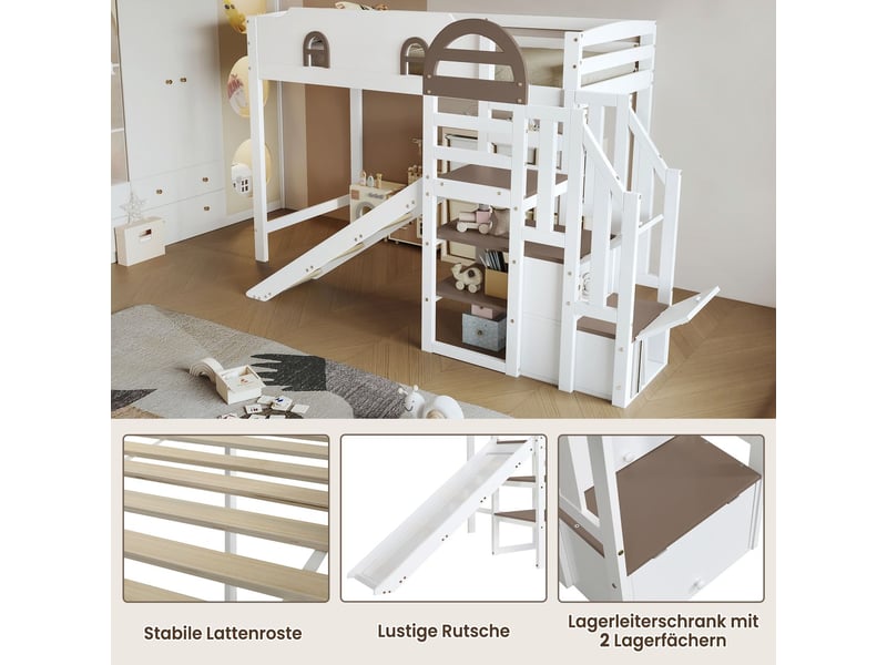  Lit mezzanine 90x200 cm avec toboggan et escalier - lit enfant - armoires de rangement, fenêtres, pin massif, blanc et brun  - Conforama E