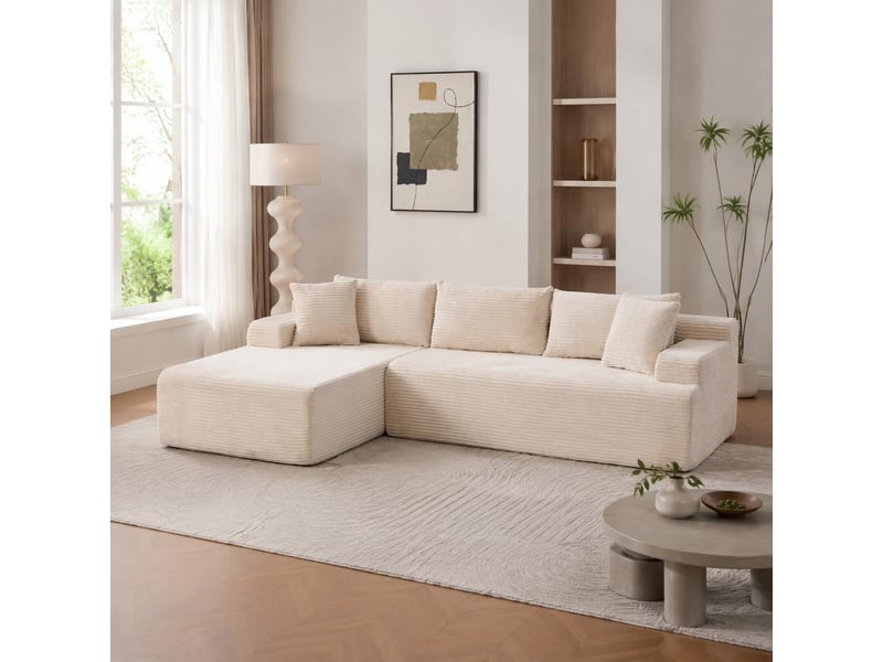 Canapé d’angle modulable 4 places avec chaise longue en chenille ivoire - Conforama C