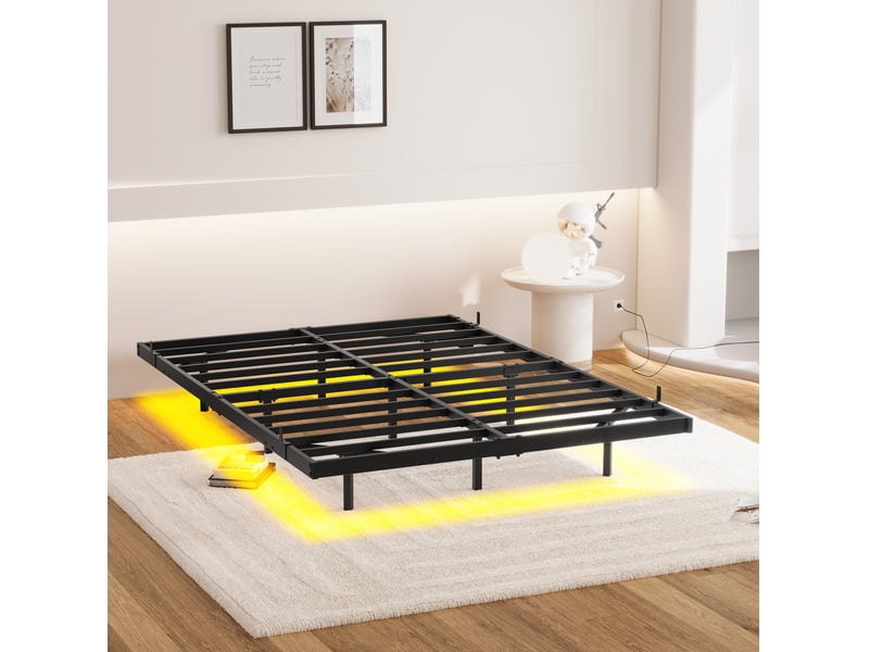 Lit 120x200 cm avec éclairage led et station de recharge, métal, noir sans matelas - Conforama C