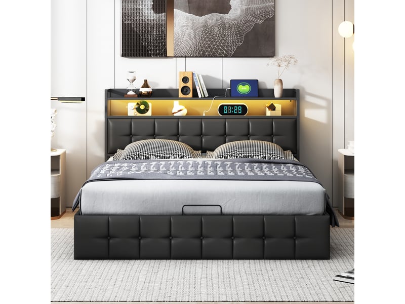  Lit coffre 140x190cm - lit double 140x190 avec tête de lit rangement, led rgb, prises usb, en similicuir - style moderne - noir  - Conforama B