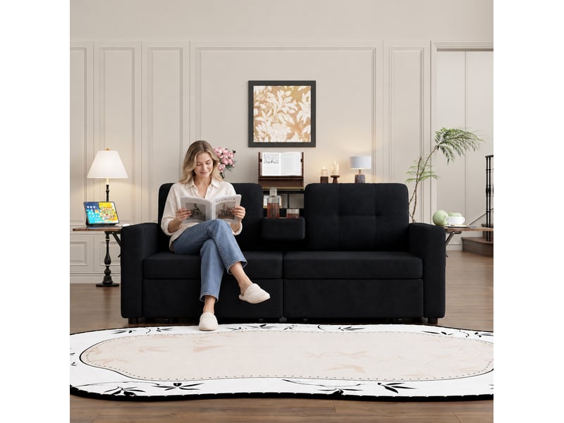  Canape droit 2 places 178x71x57,5 cm avec rangements et table réglable,  2 tiroirs, couleur noir, moderne  - Conforama B