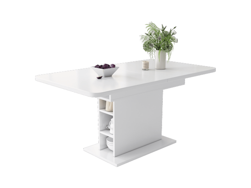  Ensemble salle à manger blanc: table extensible, 6 chaises velours, fauteuils lounge pieds métal, rangement intégré  - Conforama A