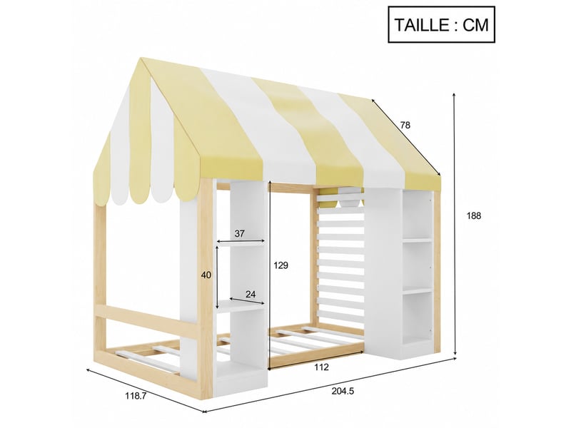  Lit cabane enfant 90x200 cm, lit simple avec ciel de lit, 2 niches ouvertes et cadre en bois, blanc et naturel  - Conforama D