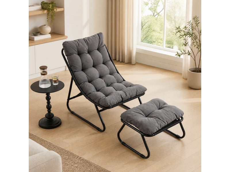  Fauteuil de détente extérieur avec repose-pieds en acier noir et coussins gris  - Conforama E