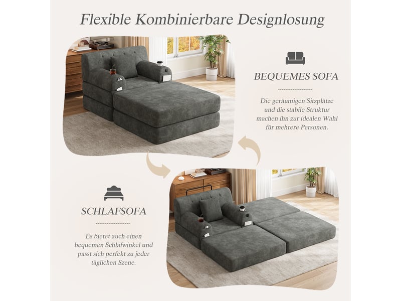  Fauteuil convertible 1 place avec pouf, 4 poches et 2 porte-gobelets en velours côtelé gris foncé  - Conforama E