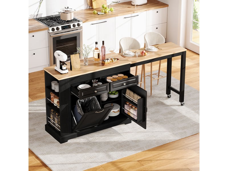  Îlot de cuisine sur roulettes noir avec plan de travail extensible, compartiment poubelle et tiroirs, 112-180 cm  - Conforama C