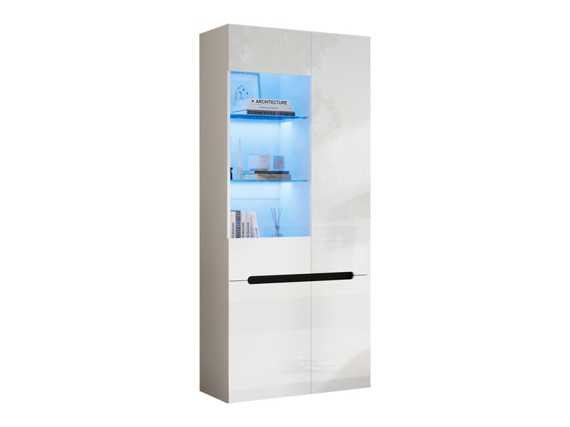  Vitrine haute 80x35x180 cm avec led bluetooth, 4 portes, 8 compartiments, 2 étagères en verre réglables, façade brillante, mdf blanc  - Conforama A