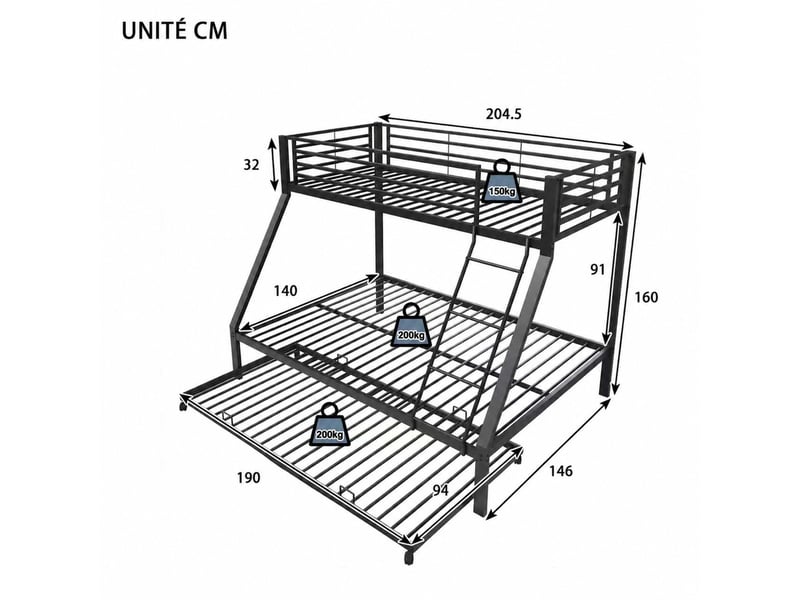 Lit superposé, lit 4 places en métal avec gigogne et barrière, 90x200, 140x200 et 90x190 cm, matelas non précisé  - Conforama D