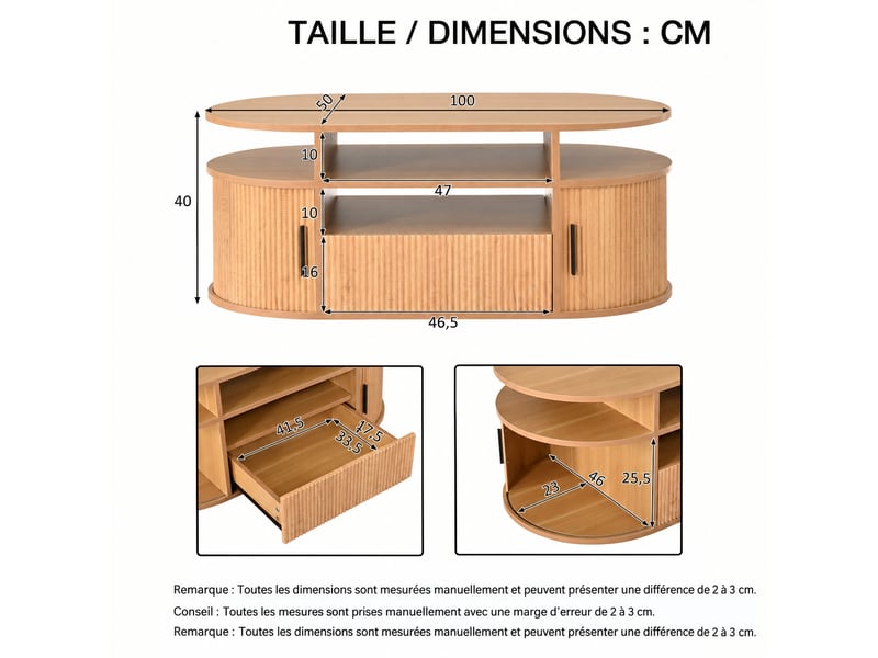  Table basse ovale avec rangement, tiroir à ouverture par pression et 2 portes à rideau, bois clair, 100 x 50 x 40 cm  - Conforama C