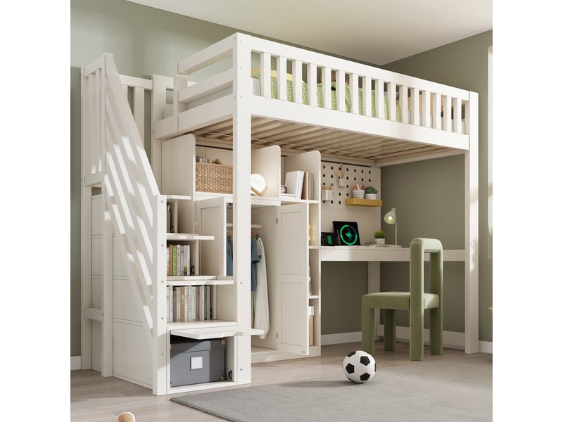 Lit mezzanine enfant rayofi blanc 90 x 200 cm avec bureau, armoire échelle, étagères ouvertes et ports usbusb-c - Conforama W