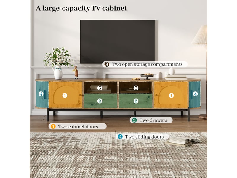  Meuble tv forme ovale rattan portes coulissantes portes et tiroirs aspect bois pieds métal rangement multifonction  - Conforama D