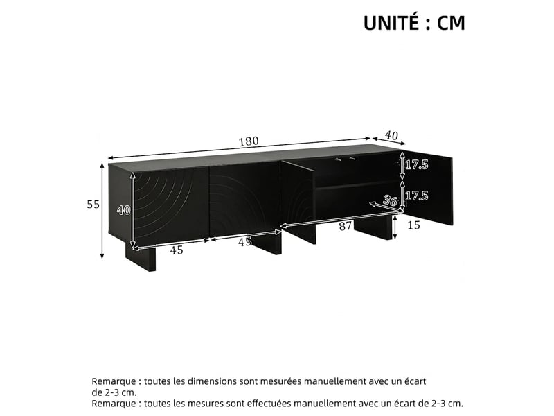  Meuble tv noir 180 cm pour tv jusqu'à 75 pouces, avec 4 portes texturées, design moderne  - Conforama C