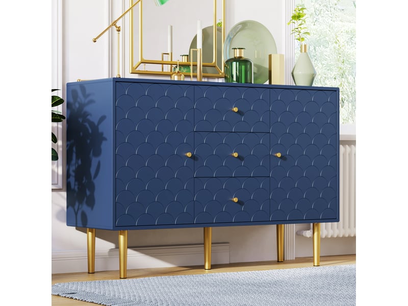  Buffet bas 2 portes et 3 tiroirs bleu marine, avec étagère réglable, 120 x 40 x 83 cm  - Conforama B