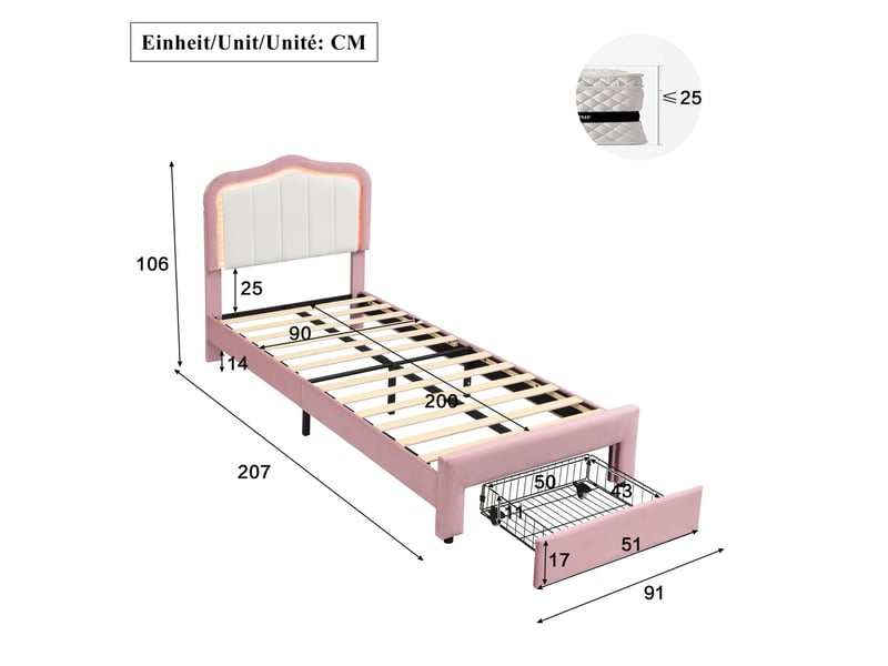  Lit enfant 90x200 cm lit capitonné avec tiroir et led, velours rose, sans matelas  - Conforama C