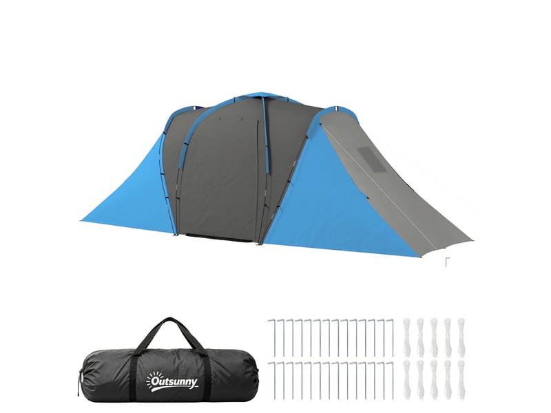 Tente tunnel, tente de camping imperméable 2000 mm pour 4 personnes, avec 2 chambres, un espace de vie et un sac de transport, gris et bleu.  - Conforama B