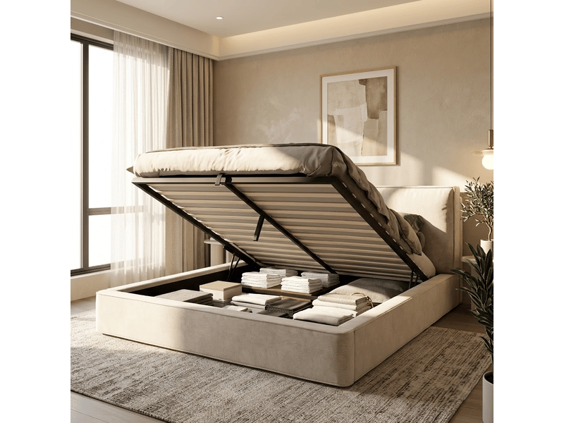  Lit double rembourré 180 x 200 cm avec rangement hydraulique et sommier à lattes, tissu chenille beige Fay Lum - Conforama D