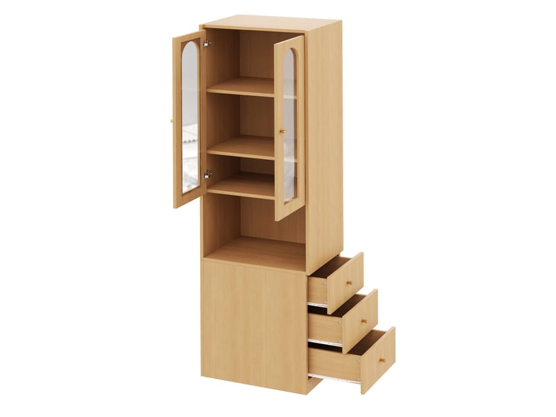  Bibliothèque haute 60 x 40 x 200 cm – chêne – vitrine en verre trempé, led multicolore et tiroirs  - Conforama E