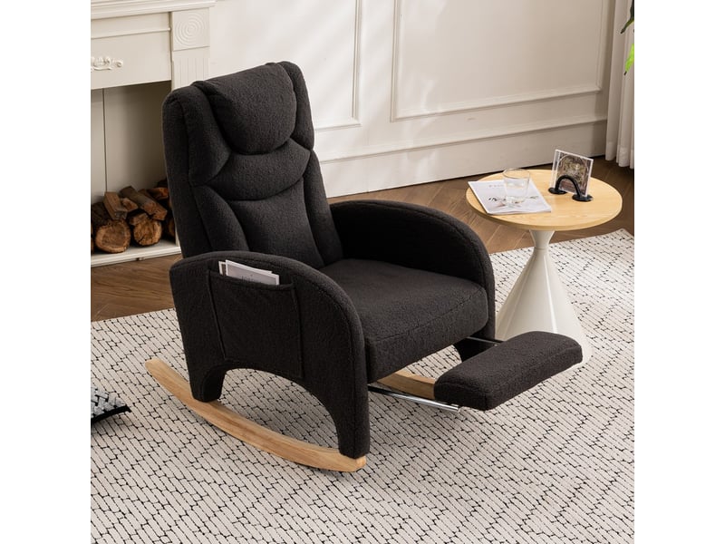  Fauteuil à bascule relax - 66x125x101 cm - avec repose-pieds pliable et têtière en tissu teddy bouclette pieds bois - gris foncé  - Conforama B
