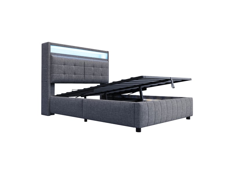 Lit capitonné 140*200 cm gris en lin avec led, usb, coffre hydraulique, tête à étagères et cadre métal stable - Conforama A