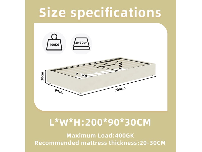  Lit coffre 90x200 cm avec rangement à vérins à gaz, métal, beige, sans tête de lit et sans matelas  - Conforama C