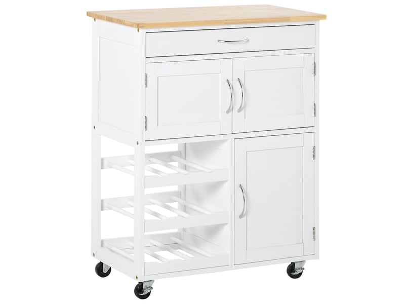  Desserte de cuisine multi rangements 2 placards tiroir casier 9 bouteilles mdf blanc plateau bois caoutchouc  - Conforama A