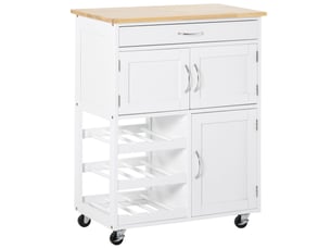 Desserte de cuisine multi rangements 2 placards tiroir casier 9 bouteilles mdf blanc plateau bois caoutchouc