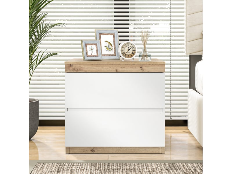  Chevet 2 tiroirs 55x40x55 cm, finition blanc+chêne en panneaux de particules e1, design classique et assemblage facile  - Conforama D