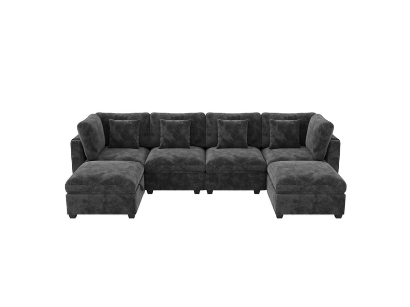 Canapé d'angle modulable 6 places en tissu chenille gris, 2 poufs à rangement, configurable en u ou en l, 4 coussins - Conforama A