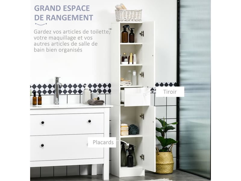 Meuble colonne rangement salle de bain style contemporain 2 placards 3 étagères et 1 tiroir coulissant panneaux particules brillant dim. 30l x 28p x 170h cm blanc laqué - Conforama D