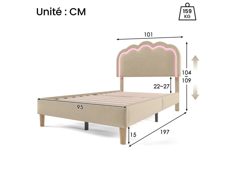  Lit rembourré, lit simple en lin avec tête réglable et led à couleur variable, 90x190 cm, sans matelas, beige  - Conforama D