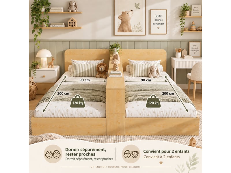  Lit double enfant avec 2 couchages 90 x 200 cm, séparation centrale et rangements latéraux, structure en bois naturel  - Conforama D