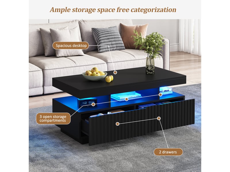  Table basse avec 2 tiroirs, niche ouverte et led pour salon 100×50×45 cm en panneaux de particules noir  - Conforama C