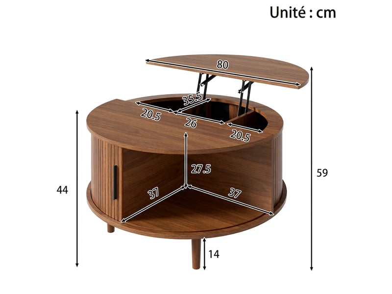  Table basse ronde relevable avec rangement, fini noyer, 80 x 80 x 59 cm  - Conforama C