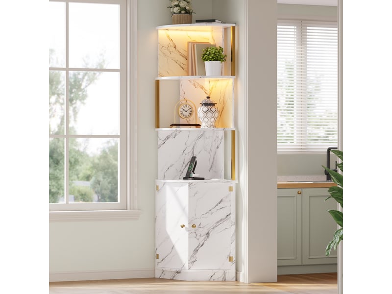 Buffet - 38x38x180cm - meuble d'angle haut avec éclairage led, prises intégrées & 2 portes - effet marbre blanc & doré - Conforama C