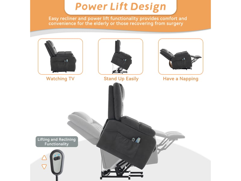  Fauteuil releveur électrique massant, fauteuil relax inclinable avec repose-pieds, fonction chaleur et vibration, ports usb, porte-gobelet, tissu gris  - Conforama E