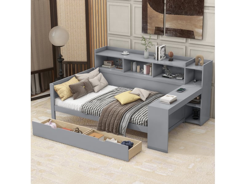  Modenvie lit banquette 90x200 cm - avec bureau, prise et port usb, sans matelas - gris  - Conforama E