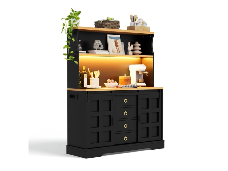  Buffet haut de cuisine 120 x 40 x 150 cm avec 2 portes coulissantes style grange, 4 tiroirs, led rgb, 2 prises, 2 usb, casier à vin, mdf  - Conforama A