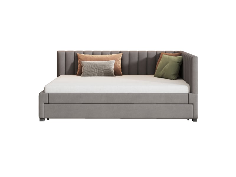 Lit banquette avec couchage gigogne 200×140 cm et 190×90 cm, sommiers à lattes, sans matelas, en velours gris - Conforama A