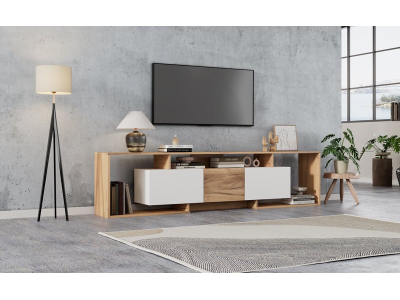  Meuble tv 180 cm, 6 rangements, pour écran jusqu’à 85 pouces, blanc et bois naturel  - Conforama C