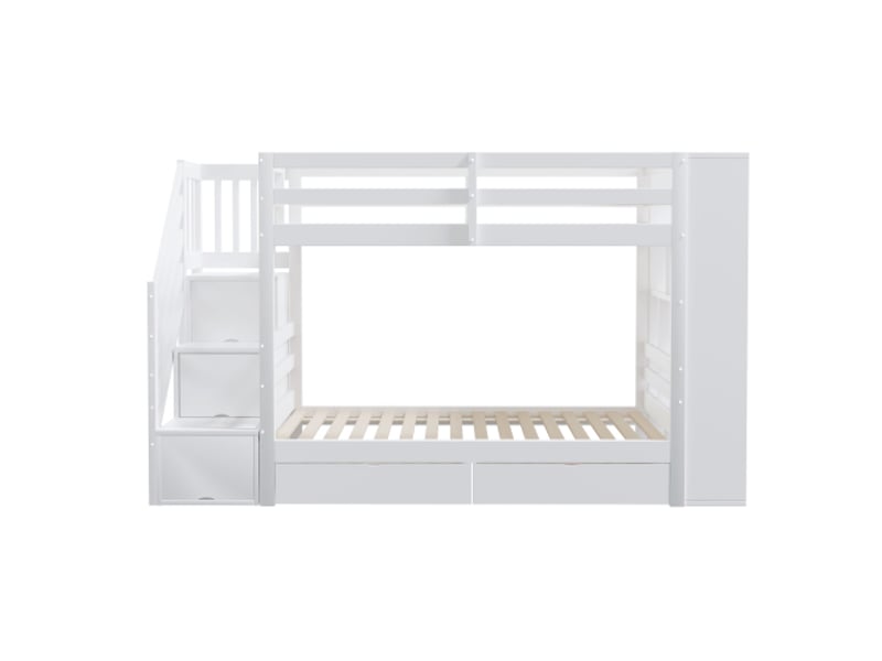 Lit superposé enfant 90x200 cm avec 2 tiroirs et escalier, étagères de rangement, sommier à lattes, en bois, sans matelas, blanc - Conforama E