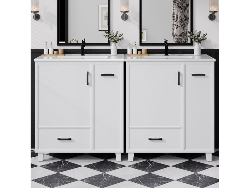  Meuble sous vasque sur pieds avec 1 porte, 2 tiroirs et vasque en céramique pour salle de bain blanc 76,5 × 47 × 82 cm  - Conforama D