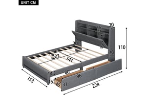 Lit coffre rembourré, 140 x 200 cm, éclairage led , lit avec tiroirs, prises électriques et ports usb, gris