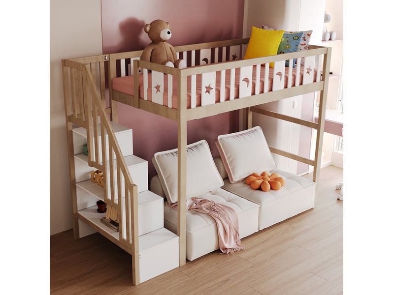 Lit mezzanine enfant 90x200 cm – blanc et naturel – escalier de rangement et étagères intégrées, sans matelas - Conforama B