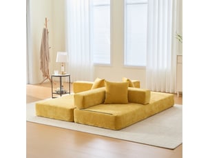 Canape modulaire 2 places 198x79x60 cm – jaune moutarde – tissu chenille avec rangements lateraux