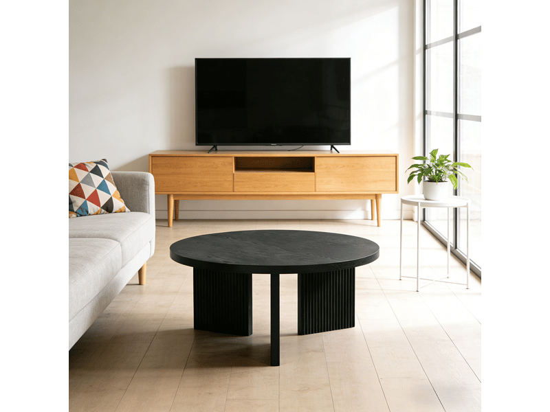 Table basse ronde ø80 cm, table de salon design moderne avec pieds à reliefs verticaux, table d'appoint déco, plateau mdf effet bois, noir - Conforama E